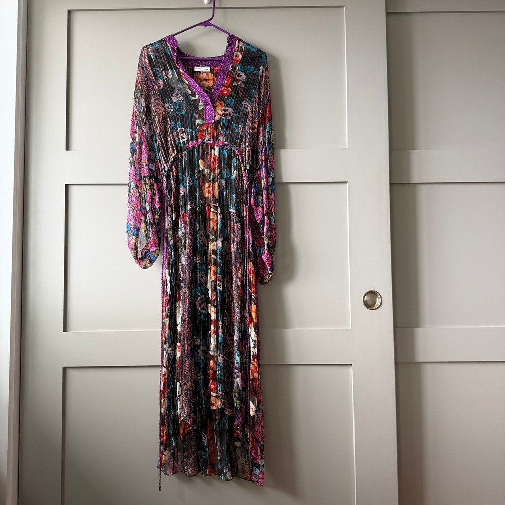 Megan Park Maxi Dress Womens 2 Sheer Floral Metallic Lurex Pleated Boho